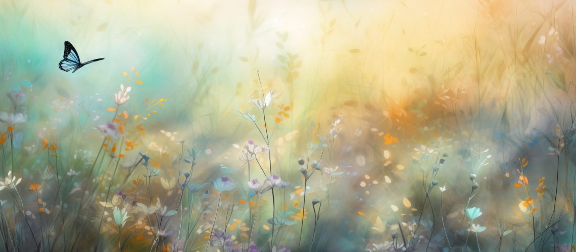 a painting of a butterfly flying over a field of flowers. . generative ai